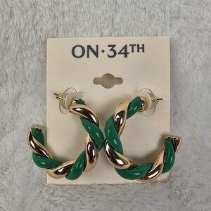 On 34th Green and Gold Swirly Hoop Earrings